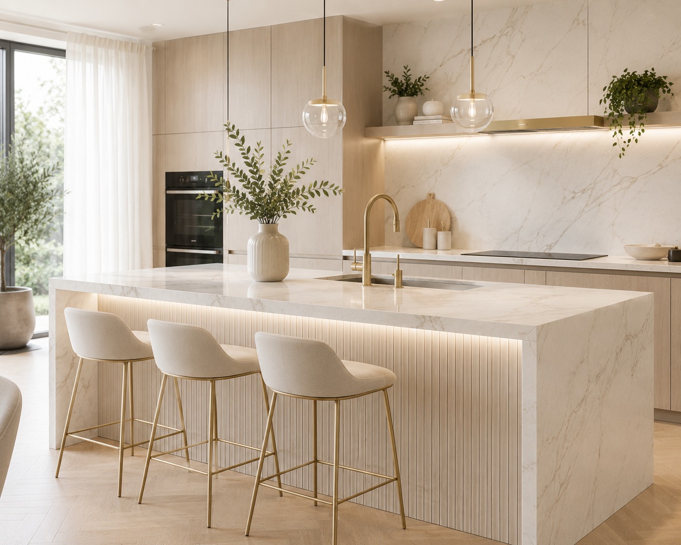 Luxury Australian kitchen with marble island and brass pendants