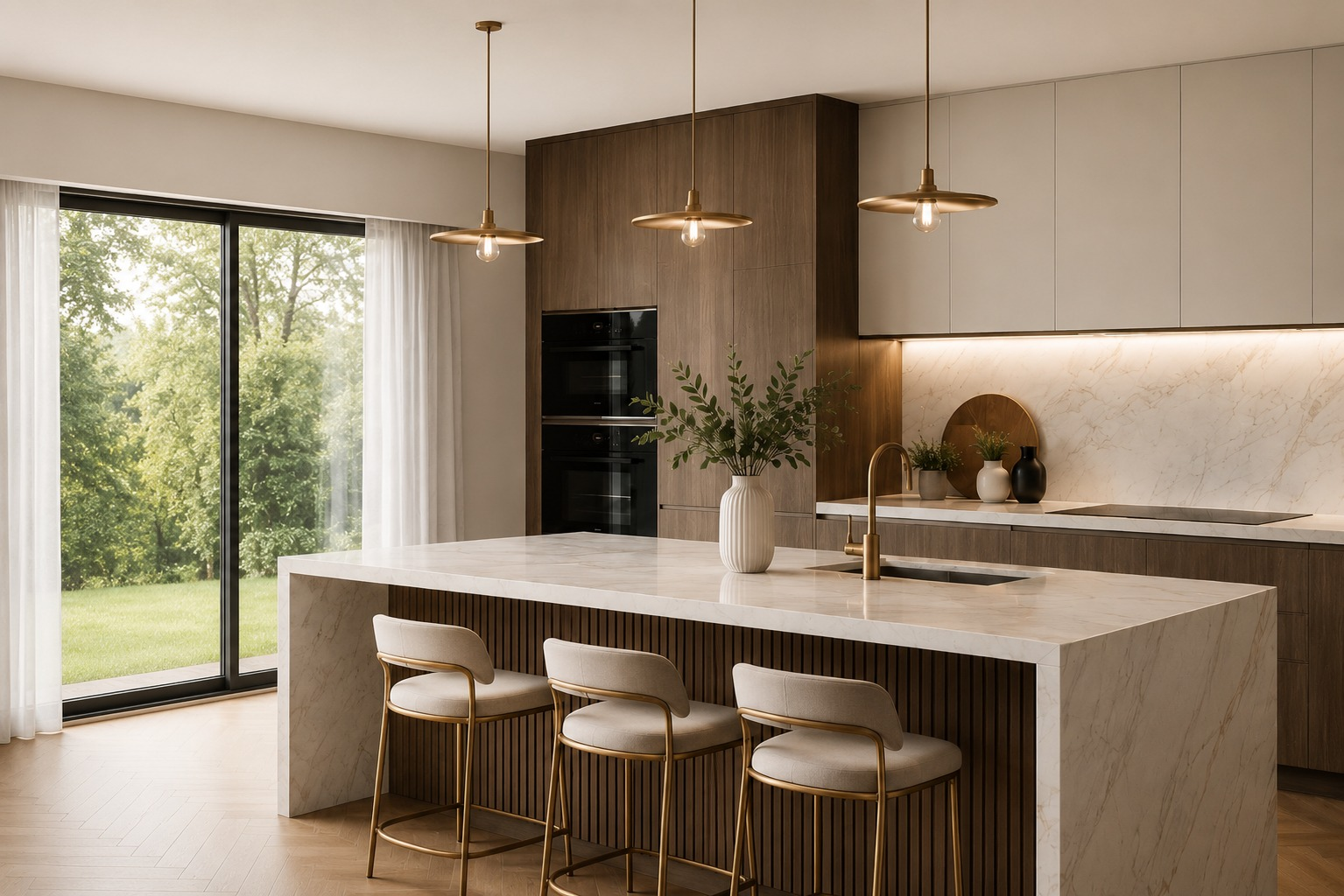 Luxury Australian kitchen with marble island and brass pendants